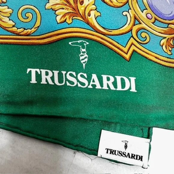 Unused TRUSSARDI 100% SILK Lg SCARF 34" Teal Green Gold Glass Purple (40 - Picture 9 of 13